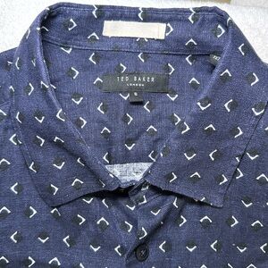 Ted Baker Arnel Navy Blue‎ Geo Diamond Print 100% Linen Button Up Shirt Size 6